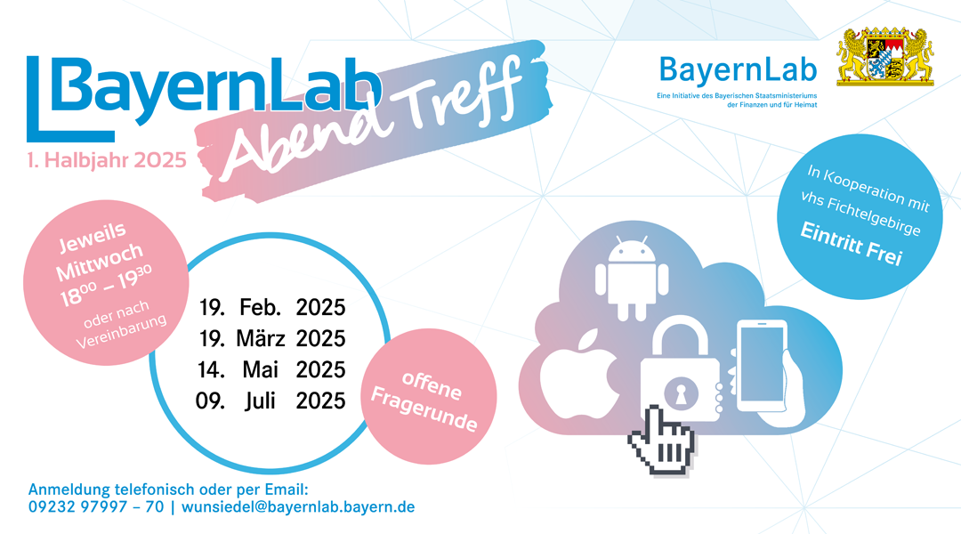 Termingrafik für AbendTreff im BayernLab an folgenden Terminen: 19. März, 14. Mai, 9. Juli jeweils von 18.00 Uhr bis 19.30 Uhr